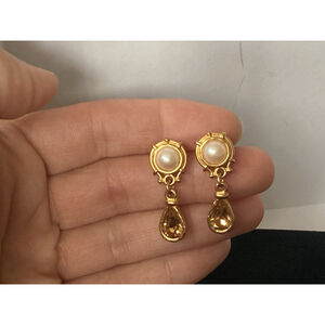 Elegant Simple Faux Pearl Gold Tone Drop Earrings W/Rhinestone Vintage Well Made